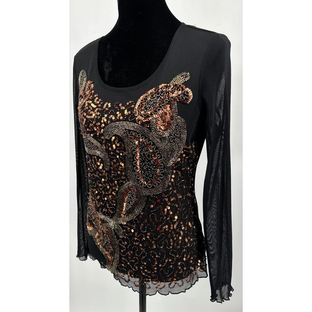 Cartise Womens Scoop Neck Long Sleeve Top Large Black Bronze Sequin Knit - Picture 6 of 14